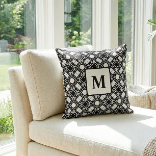 Black Black White Art Deco Monogram Pattern Throw Pillow