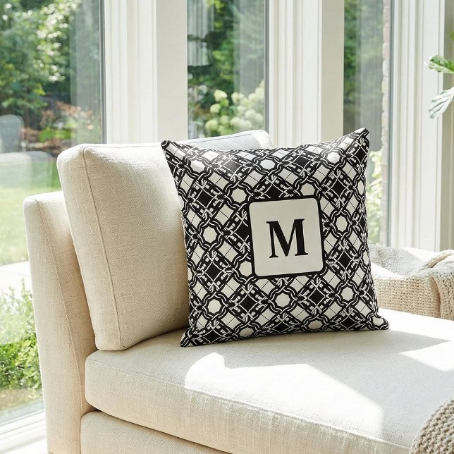 Black Black White Art Deco Monogram Pattern Throw Pillow (Creator Uploaded)