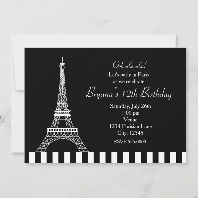 Black Blanc Tour Eiffel Paris Fête Invitation (Devant)