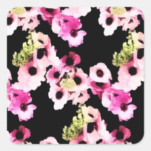 Black Blooms Blush Pink Spring Floral Watercolor Square Sticker