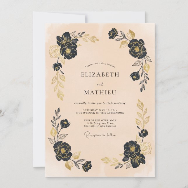 Black Blossom Arch Wedding Invitation (Front)