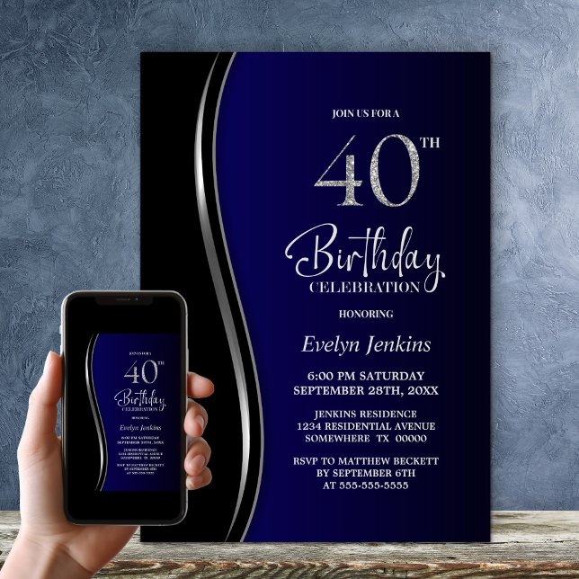 Black Blue 40th Birthday Party Invitation (Creator Uploaded)