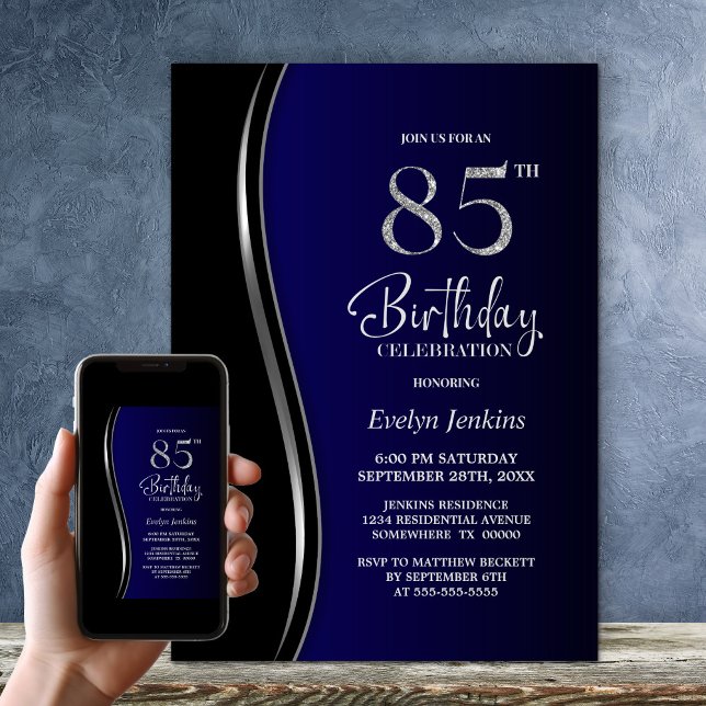 Black Blue 85th Birthday Party Invitation (Creator Uploaded)