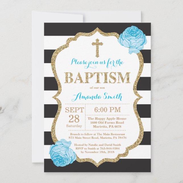 Black Blue and Gold Glitter Baptism Invitation (Front)