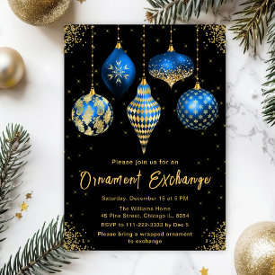 Black, Blue and Gold Ornament Exchange Party Invitation