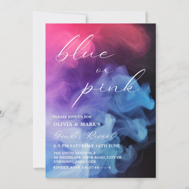 Black Blue and Pink Smoke Baby Gender Reveal Invitation (Front)