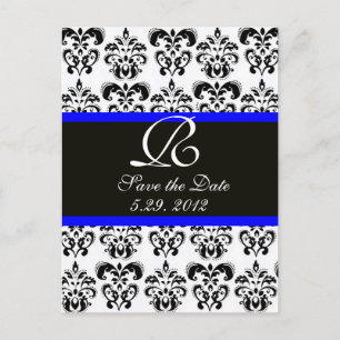 BLACK  BLUE AND WHITE DAMASK MONOGRAM ANNOUNCEMENT POSTCARD