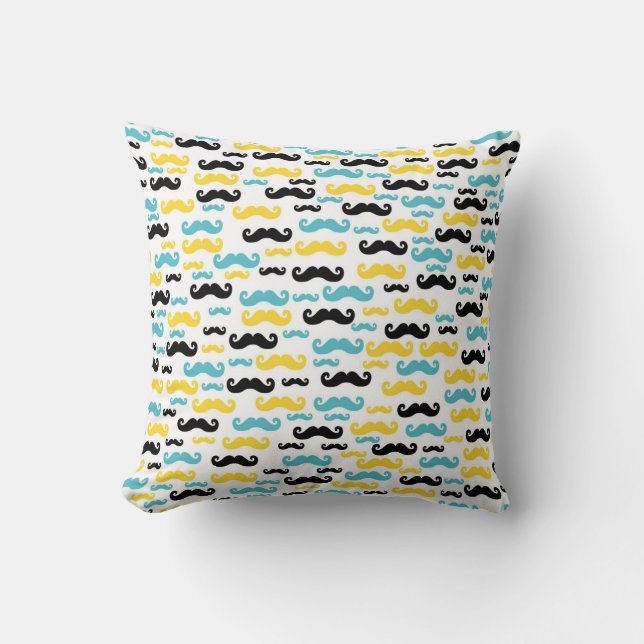 Black Blue and Yellow Moustaches Patterned Throw Pillow (Front)