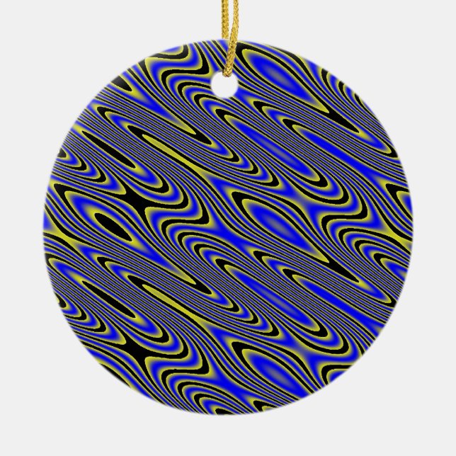 Black Blue and Yellow Swirly Pattern Ceramic Ornament (Front)