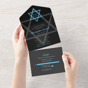 Black Blue Bar Mitzvah RSVP All In One Invitation