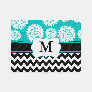 Black Blue Blooms Chevron Monogram Fleece Blanket