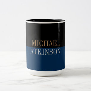 Black Blue Bold Text Trendy Stylish Your Name Two-Tone Coffee Mug
