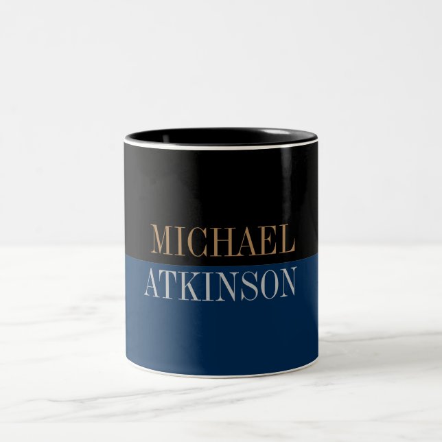 Black Blue Bold Text Trendy Stylish Your Name Two-Tone Coffee Mug (Center)