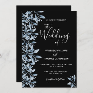 Black blue botanical script wedding invitation
