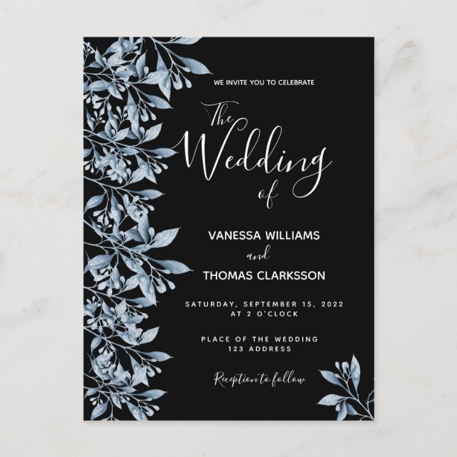 Black blue botanical script wedding invitation postcard (Front)