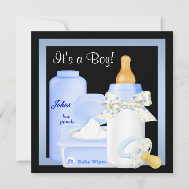 Black Blue Bottle Pacifier Baby Boy Shower Invitation (Front)