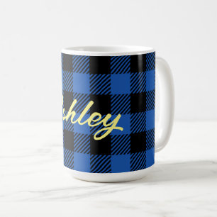 Black Blue Checkered Buffalo Pattern   Personalize Coffee Mug