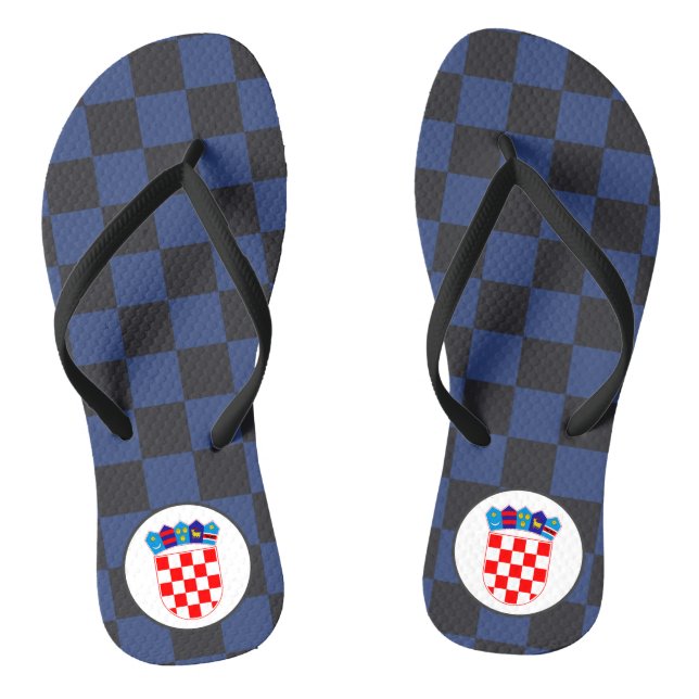 Black Blue Checkers With Croatian Coat of Arms Flip Flops (Footbed)