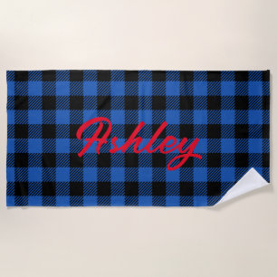 Black Blue Chequered Buffalo Pattern Personalize Beach Towel
