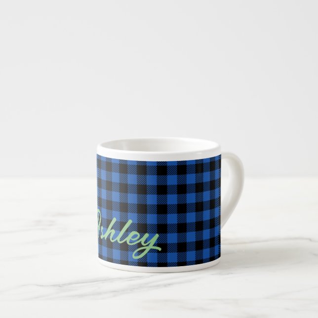 Black Blue Chequered Buffalo Pattern | Personalize Espresso Cup (Front Right)