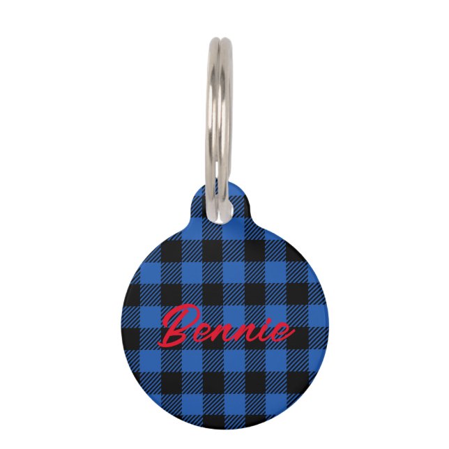 Black Blue Chequered Buffalo Pattern | Personalize Pet Tag (Front)
