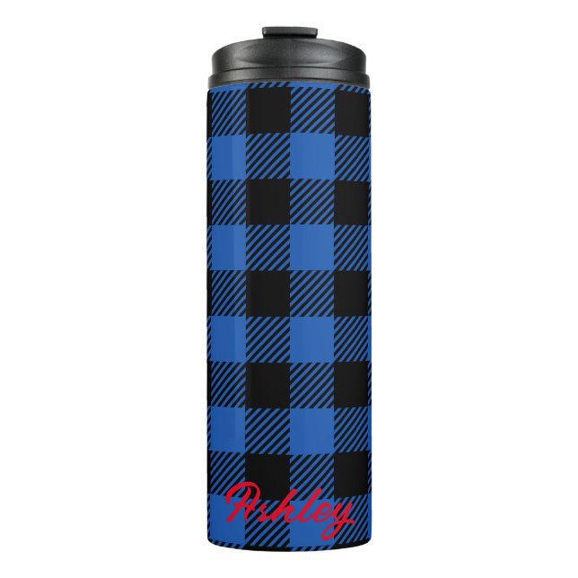 Black Blue Chequered Buffalo Pattern | Personalize Thermal Tumbler (Front)