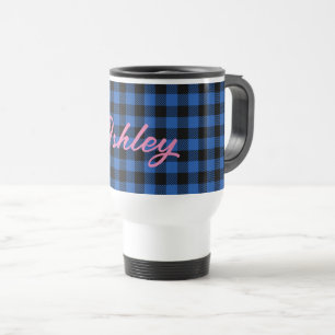 Black Blue Chequered Buffalo Pattern Personalize Travel Mug