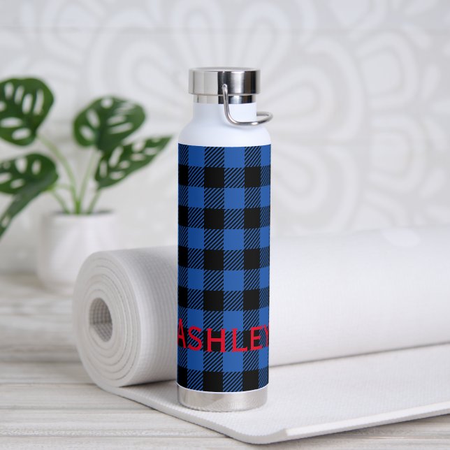Black Blue Chequered Buffalo Pattern | Personalize Water Bottle (Yoga)