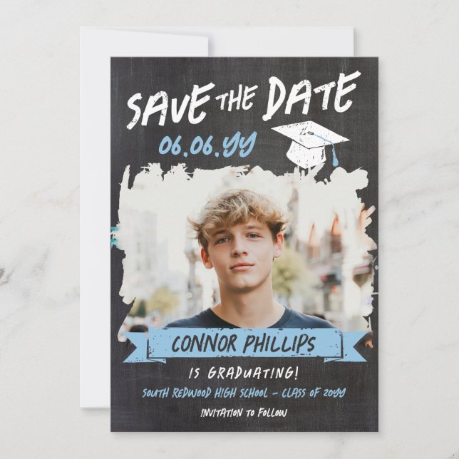 Black Blue Cool Chalk Photo Graduation Save The Date (Front)