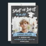 Black Blue Cool Chalk Photo Graduation Save The Date<br><div class="desc">Cool graduation save the date card with a printed chalkboard background and a cool chalkboard font with a blue banner and white graduation cap in a distressed look. Add a photo of the graduate inside a brush stroke frame. Distressed chalkboard graduation save the date card personalized with a photo and...</div>