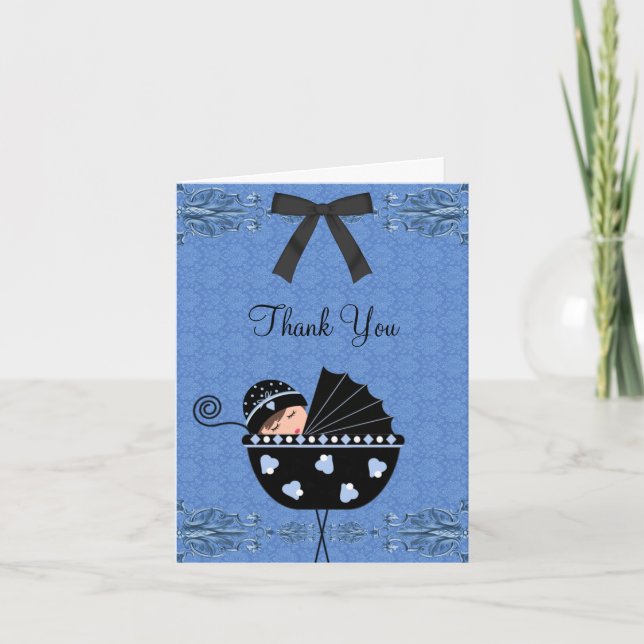 Black Blue Damask Baby shower Merci Cartes (Devant)