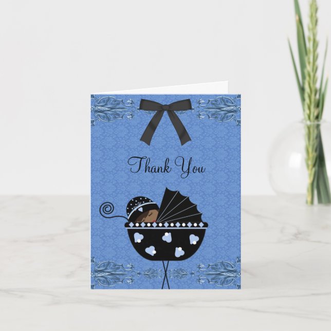 Black Blue Damask Baby shower Merci Cartes (Devant)