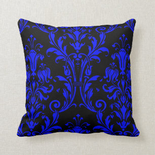 Black & Blue Damask Floral Swirls 2 Throw Pillow