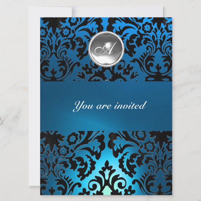 BLACK & BLUE DAMASK GEM STONE MONOGRAM white Invitation (Front)