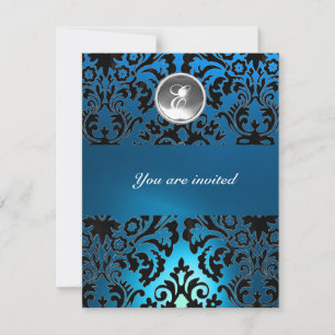 BLACK & BLUE DAMASK GEM STONE MONOGRAM white Invitation
