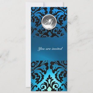 BLACK & BLUE DAMASK GEM STONE MONOGRAM white Invitation