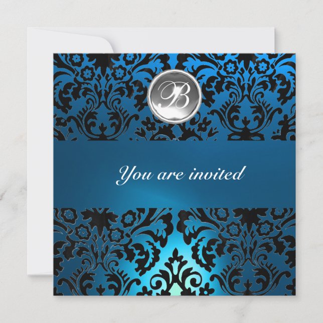 BLACK & BLUE DAMASK GEM STONE MONOGRAM white Invitation (Front)