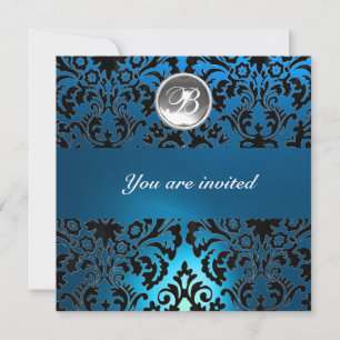 BLACK & BLUE DAMASK GEM STONE MONOGRAM white Invitation