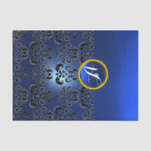 BLACK BLUE DAMASK GEMSTONE MONOGRAM Floral Tissue Paper