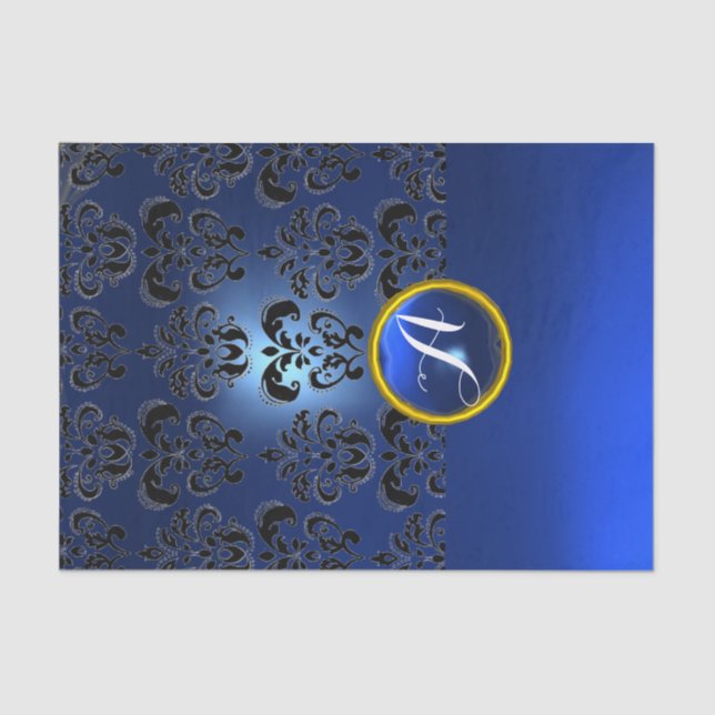 BLACK BLUE DAMASK GEMSTONE MONOGRAM Floral Tissue Paper (Front)