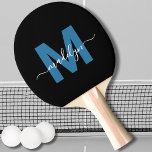 Black Blue Elegant Script Name Monogram Ping Pong Paddle<br><div class="desc">Create Your Own Personalized Black Blue Elegant Script Name Monogram Ping Pong Paddle. This chic ping pong paddle features a stylish monogram on the front with a flat, blue initial on a sleek black background, paired with a classic white script name for a personalized touch. The back remains a plain...</div>