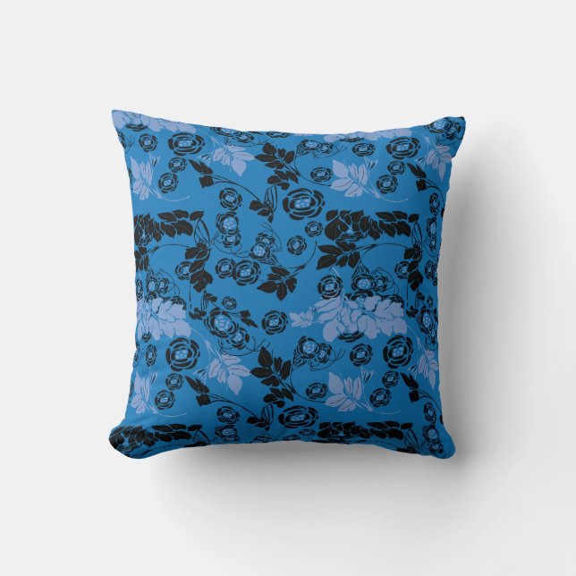 Black Blue flora patterns Throw Pillow (Front)