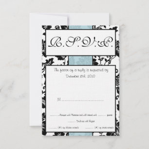 Black/Blue Floral Damask Wedding RSVP Card