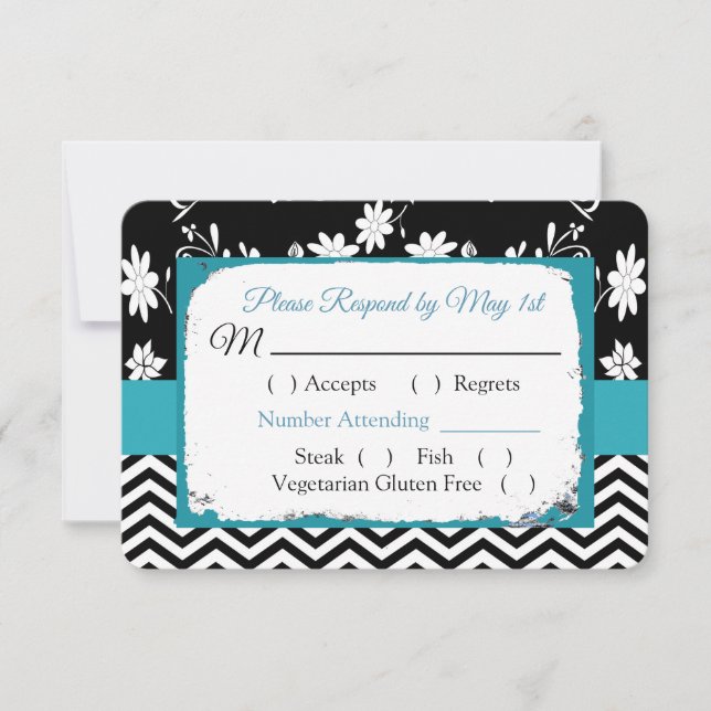 Black & Blue Floral Hearts Mariage carte RSVP (Devant)