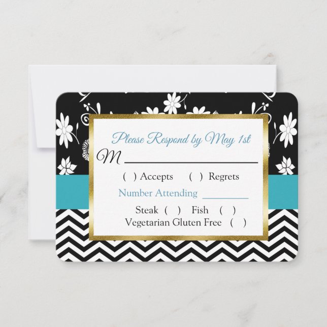 Black & Blue Floral Hearts Mariage carte RSVP (Devant)