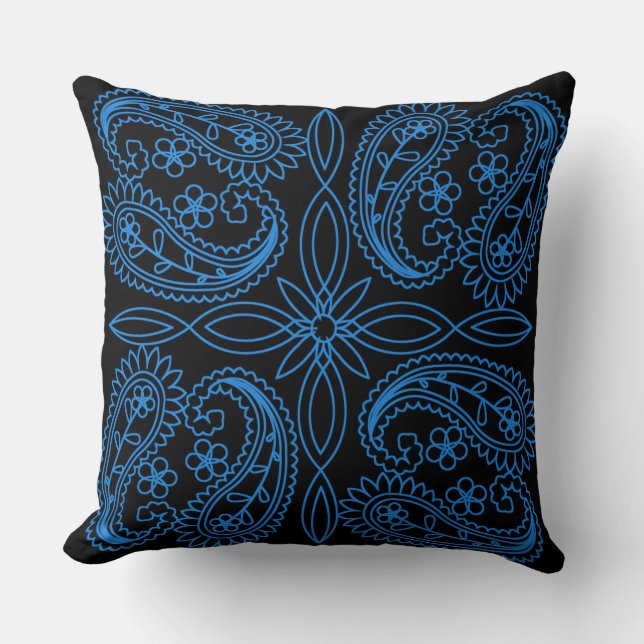 Black & Blue Floral Paisley Pattern Throw Pillow (Front)