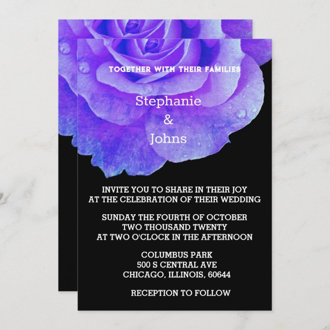 Black Blue Floral Rose Flower Rustic Boho Wedding Invitation (Front/Back)