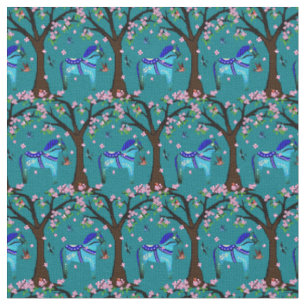 Black/blue Folk Dala horse/Folk birds/flowers Fabric