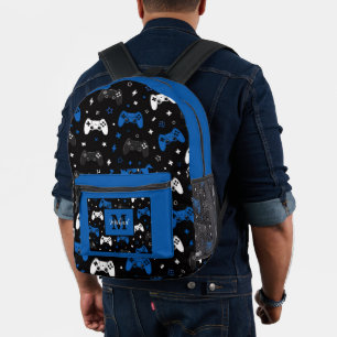 Black Blue Gaming Controller Pattern Monogram Name Printed Backpack