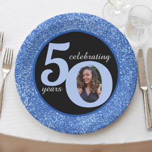 Black & Blue Glitter 50 Fifty Years 50th Birthday Paper Plate